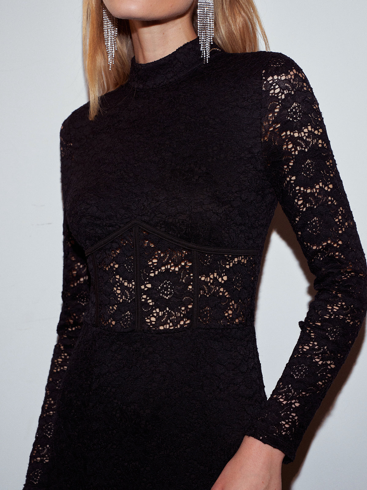 Mock Neck Lace Zipper Dress