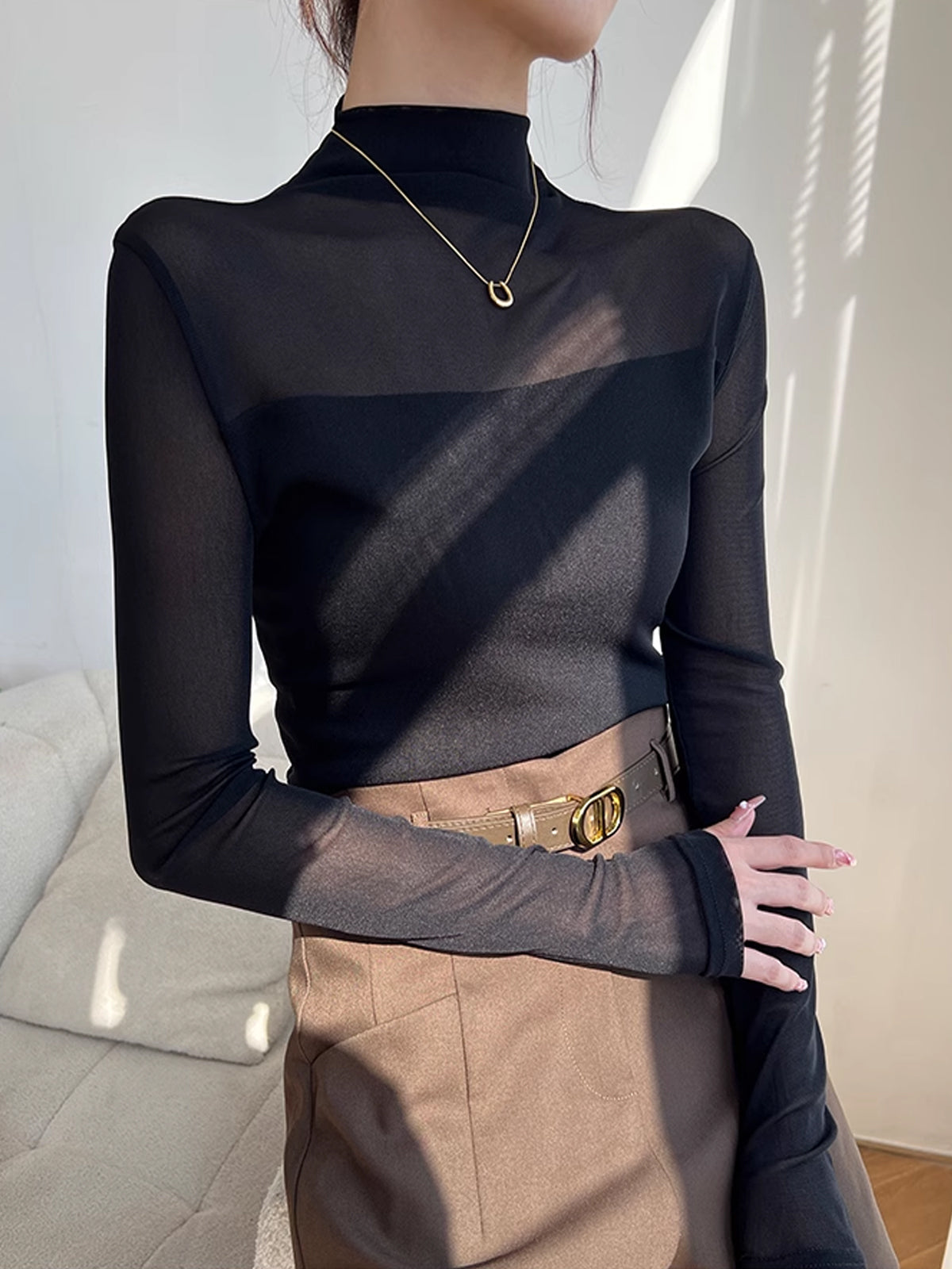 Mock Neck Sheer Mesh Panel Blouse