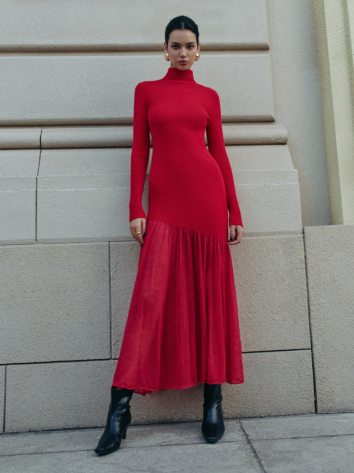 Mock Neck  Pleated Panel Sweater Dress