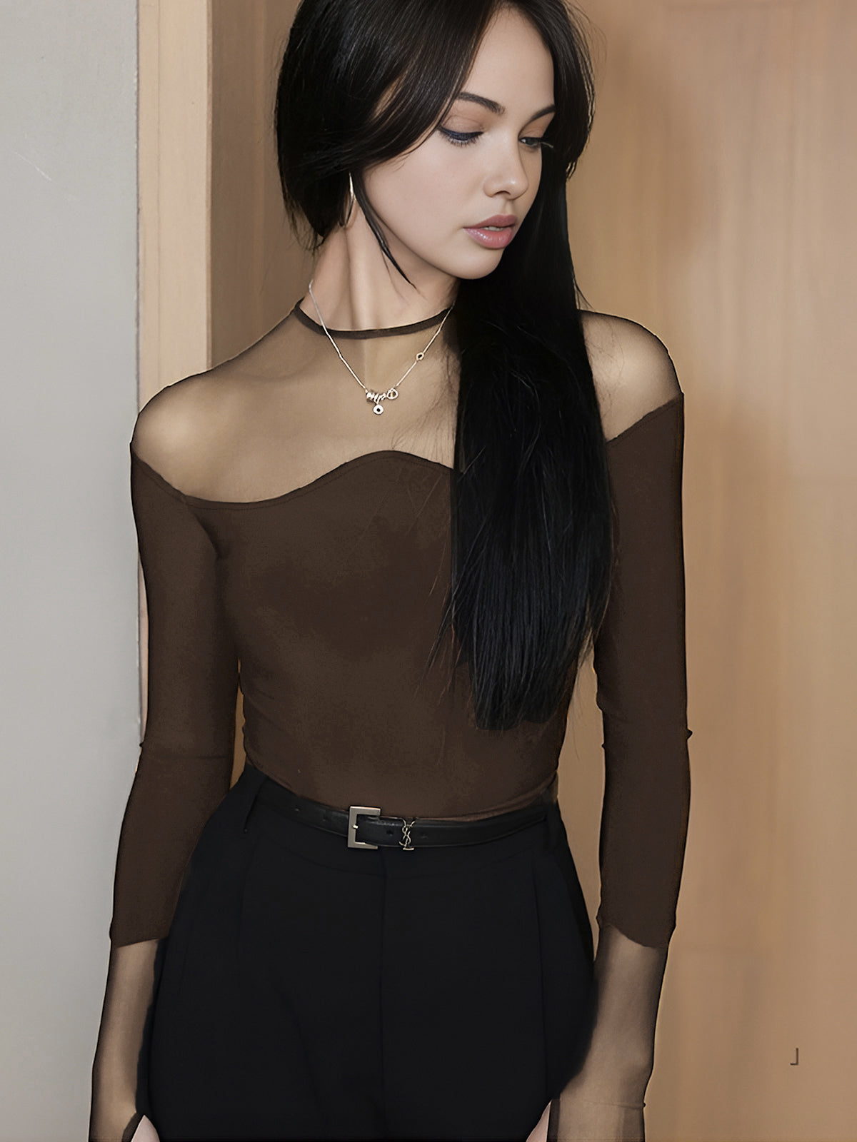 Back Zipper Sheer Panel Blouse