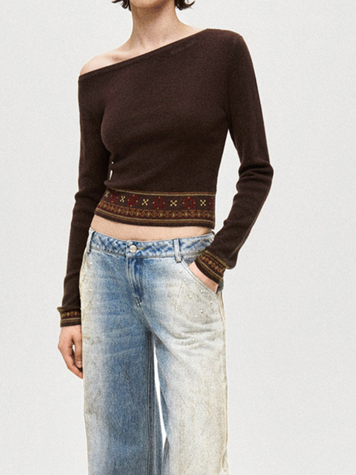 Wool-Blend Asymmetrical Crop Knit Top