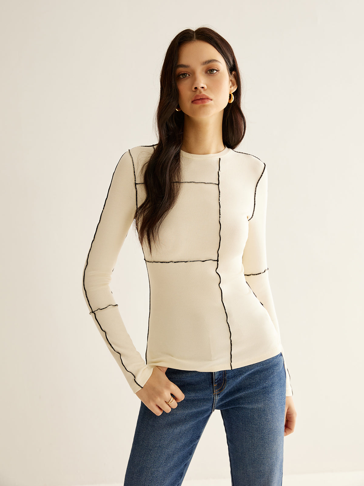 Versatile Contrast Piping Jersey Blouse