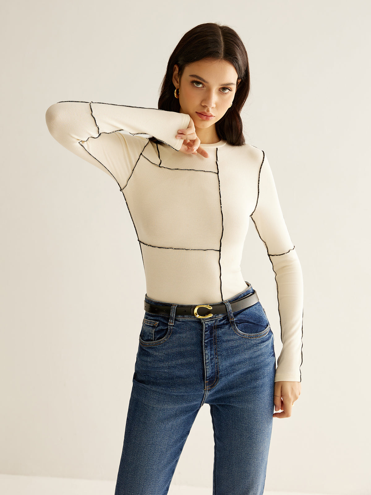 Versatile Contrast Piping Jersey Blouse