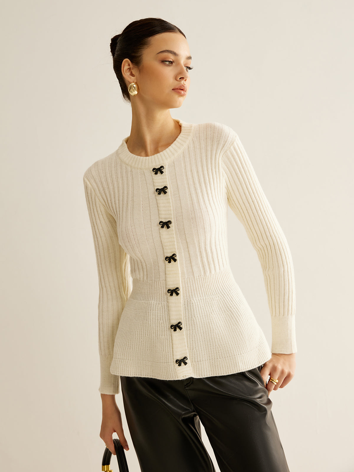 Bow Decor Ruffle Knit Top