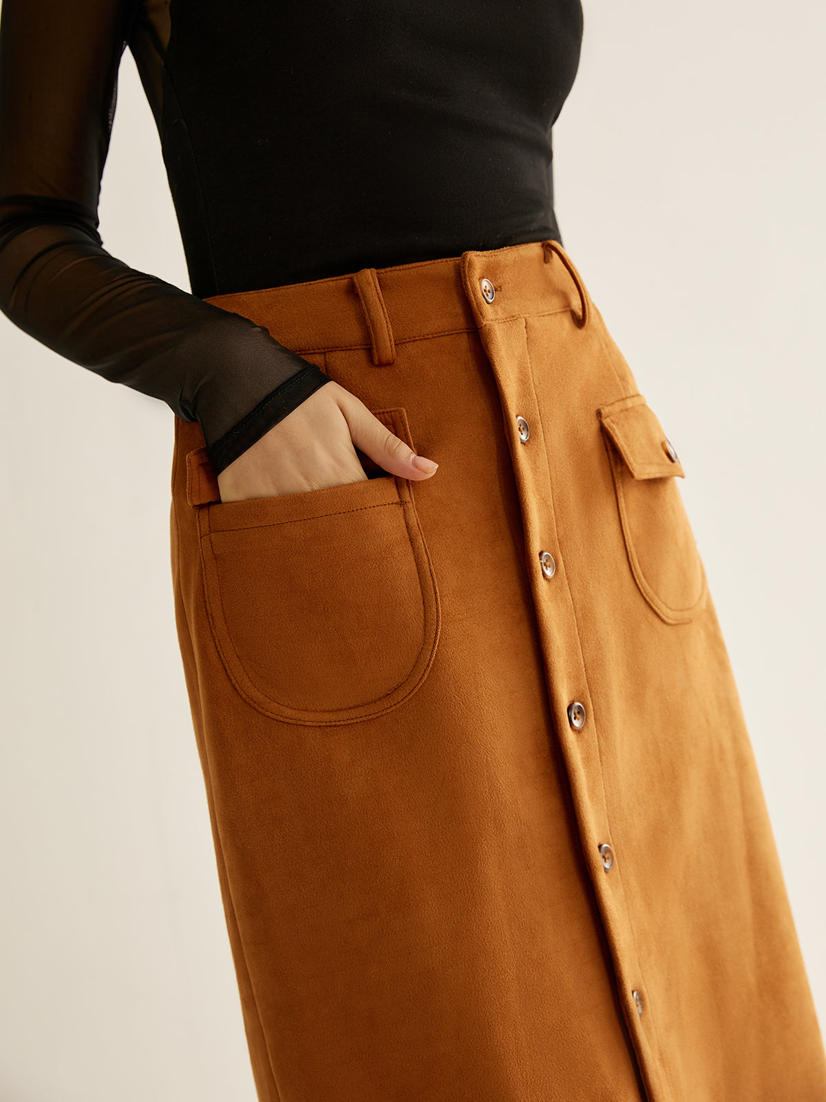 Button Suede Pockets Skirt