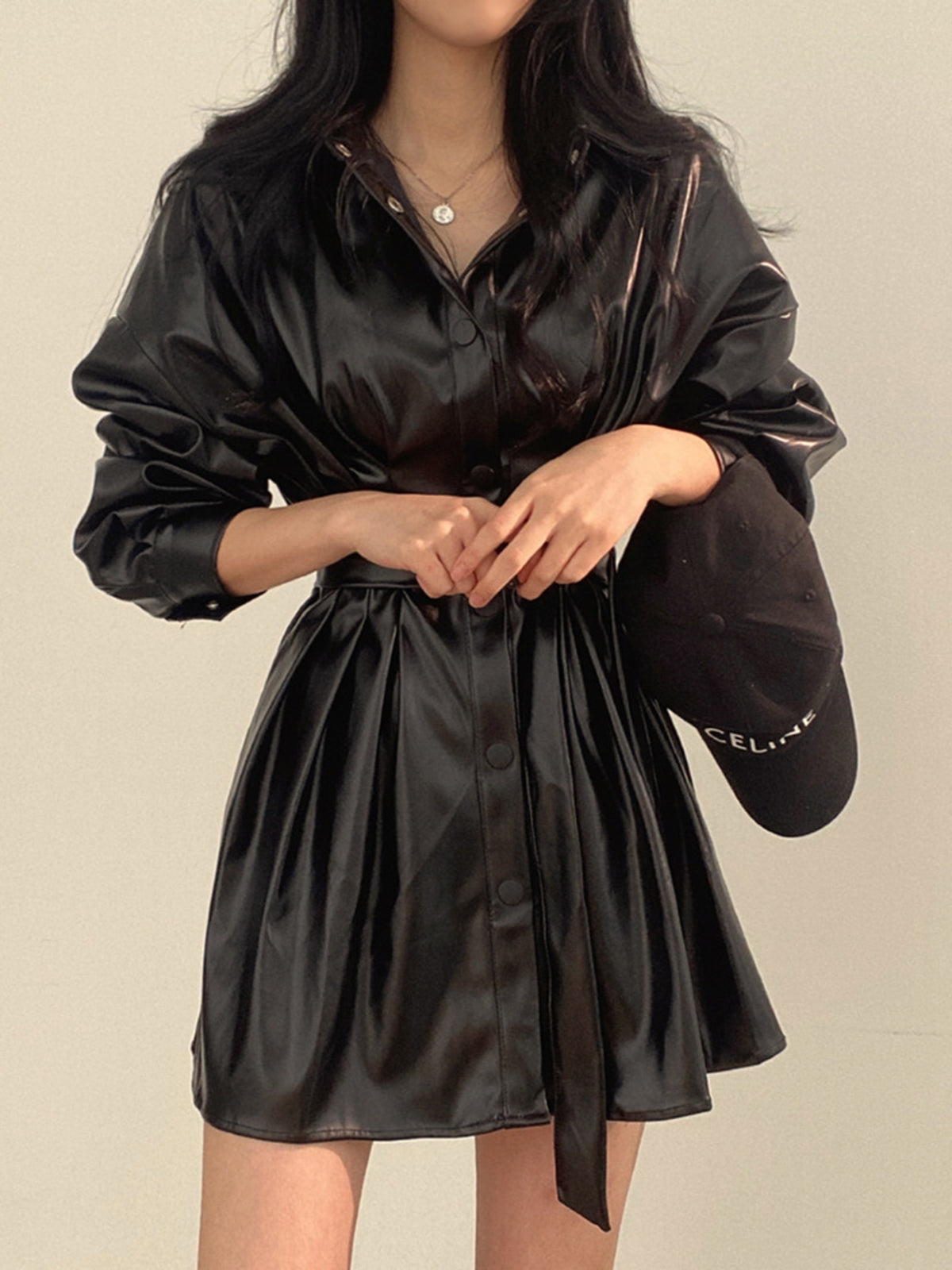 Plain Belted PU Leather Dress