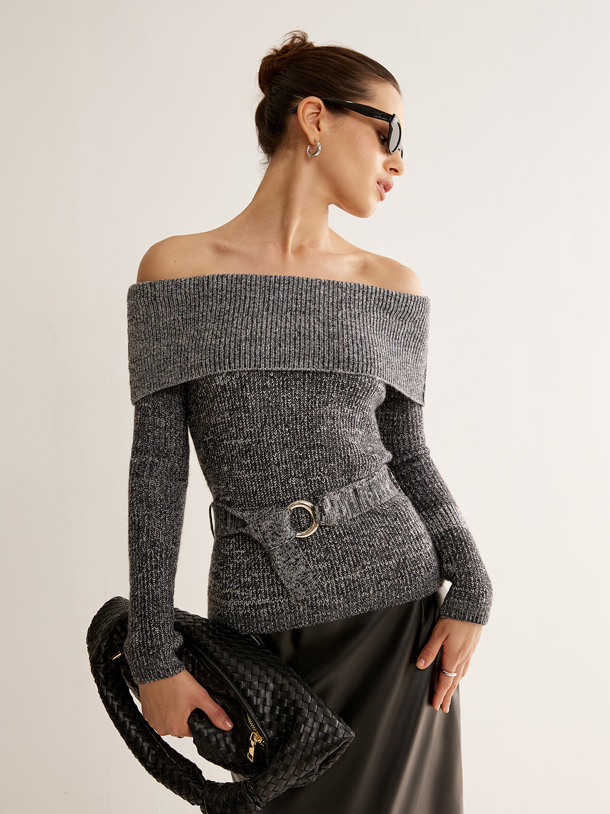 Off-Shoulder Belted Sweater