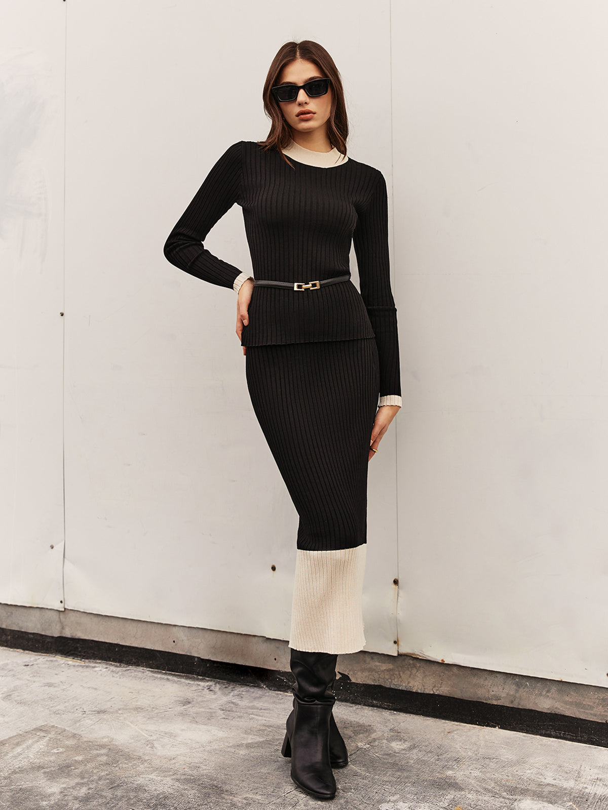 Color Block Slim Sweater Co-ord Without Belt