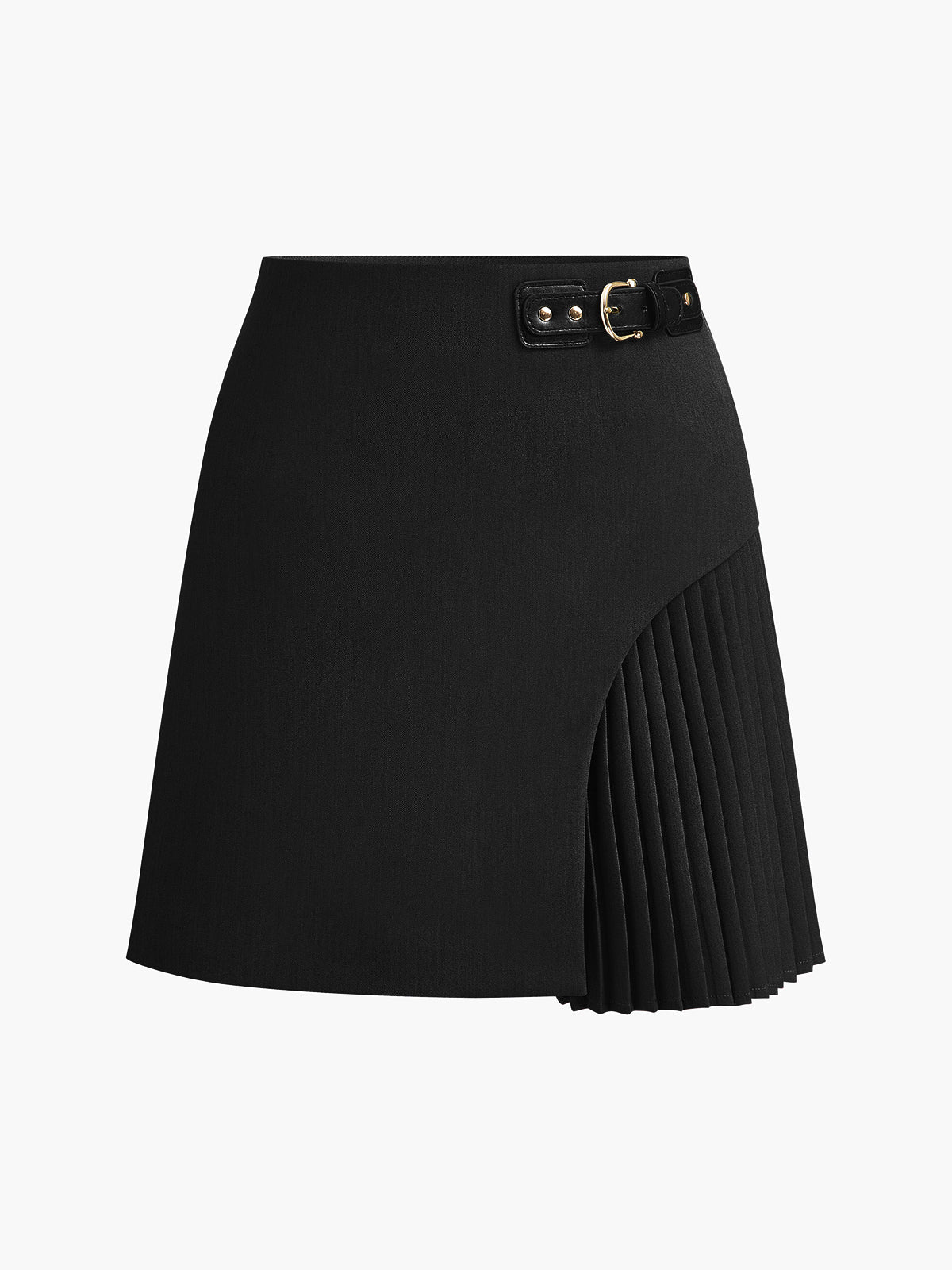 Side Pleated Buckle Belted Skirt