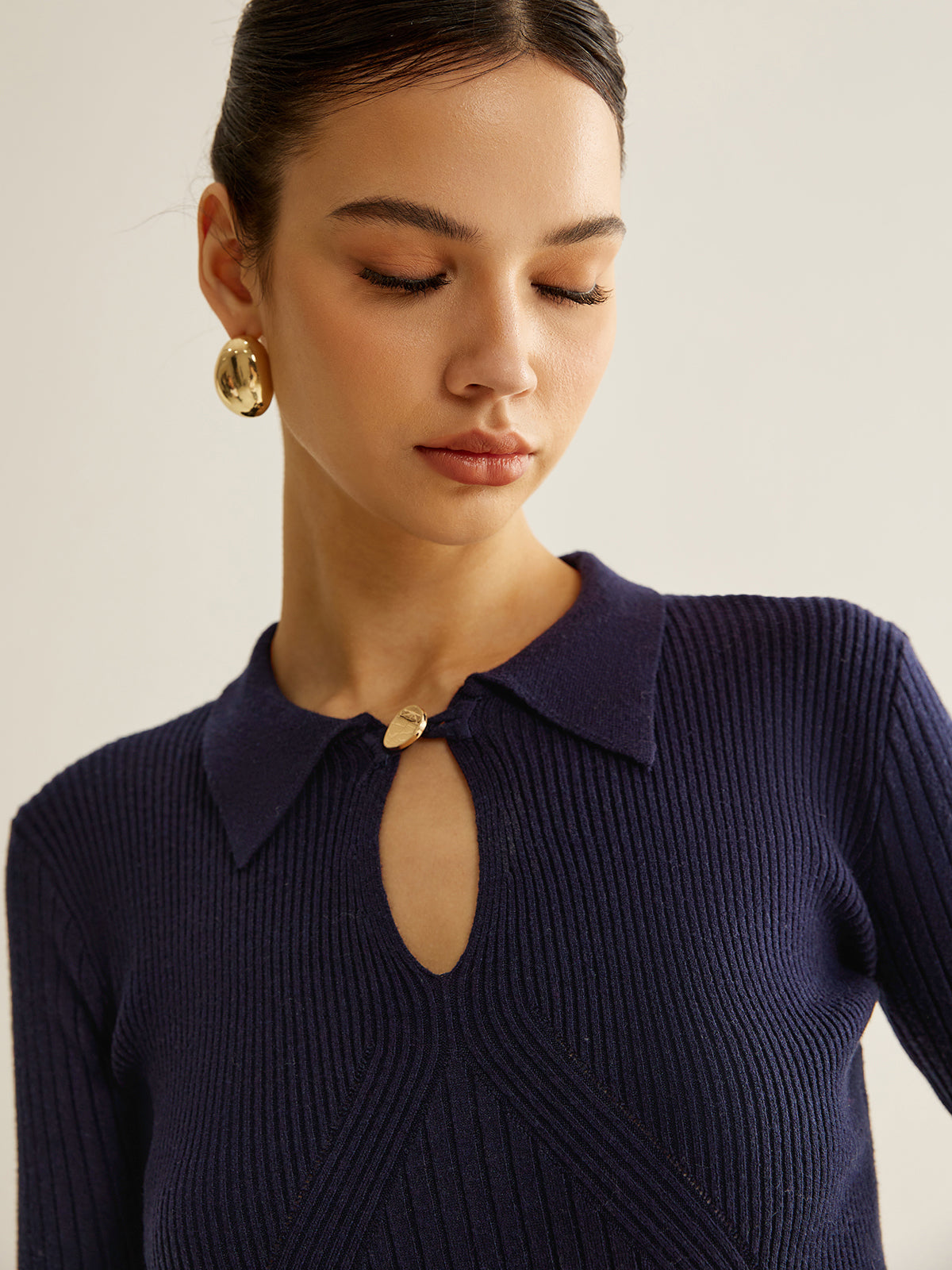 Ribbed Keyhole Neckline Polo Sweater