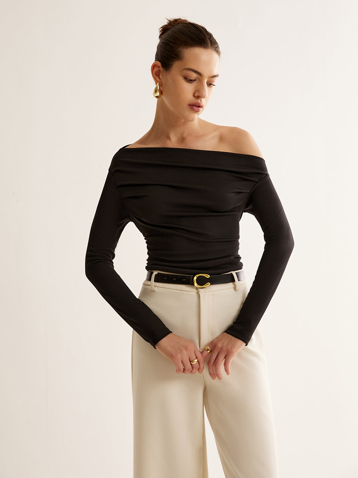 Asymmetrical Neck Pleated Long Sleeve Top