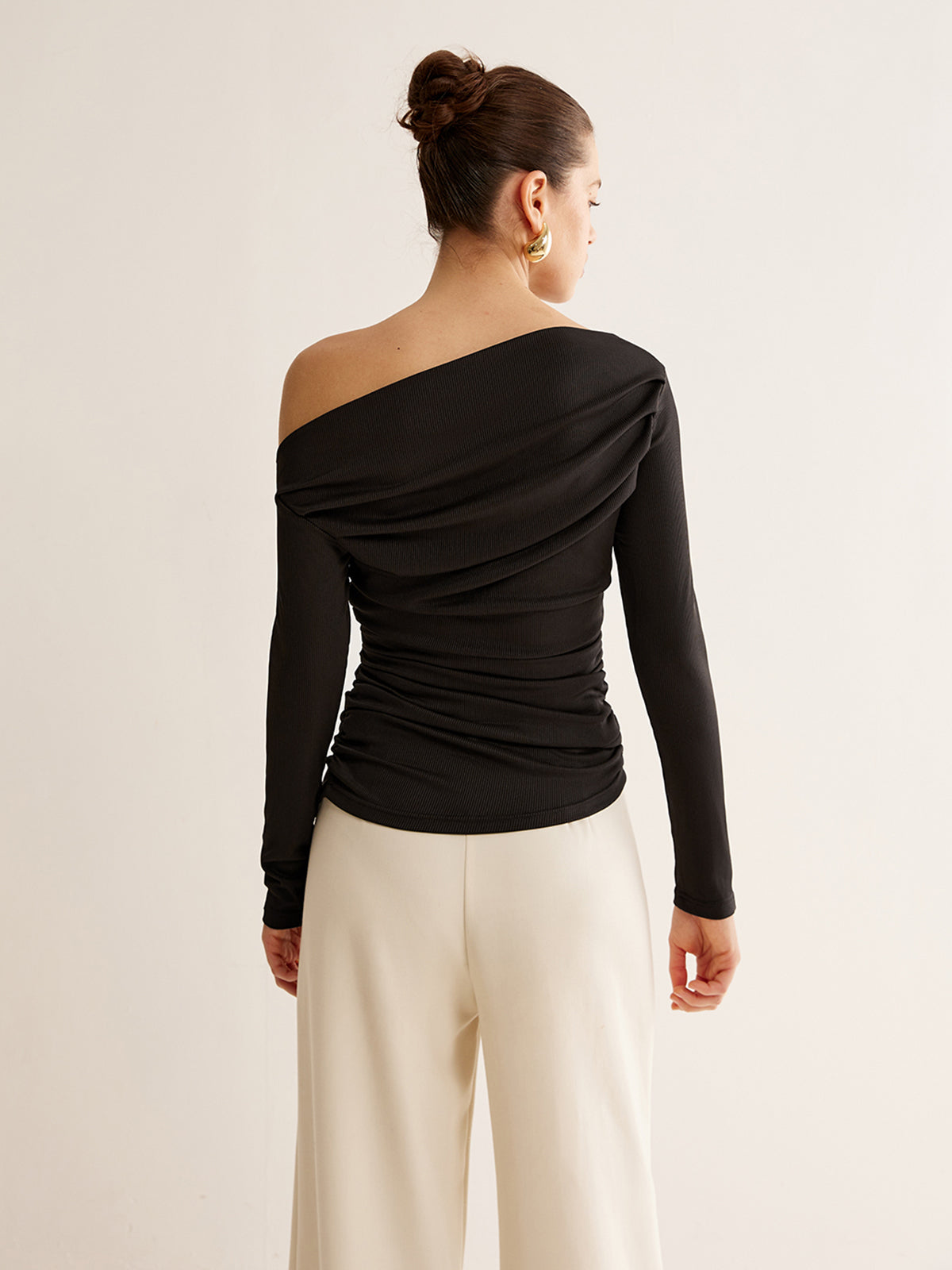 Asymmetrical Neck Pleated Long Sleeve Top