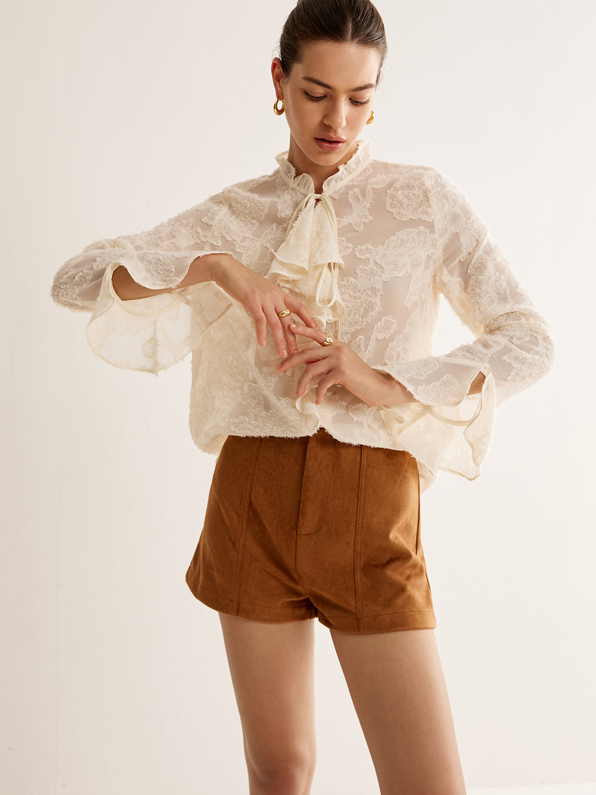 Jacquard Ruffle Long Sleeve Shirt