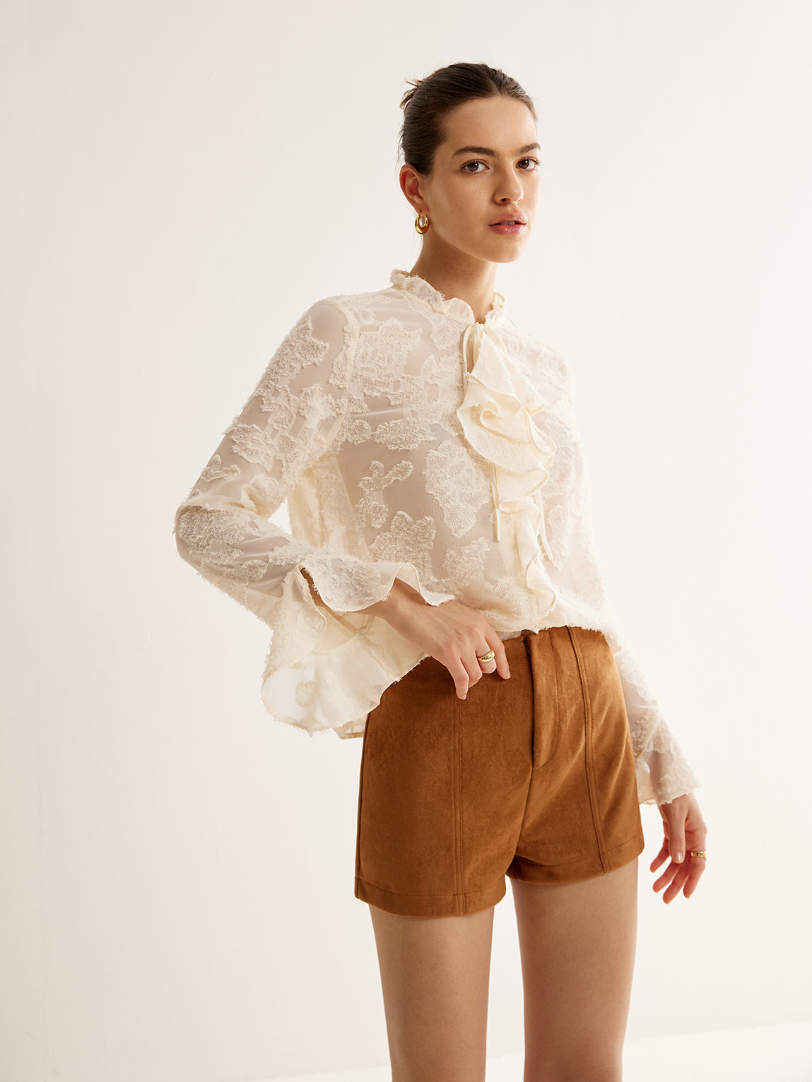 Jacquard Ruffle Long Sleeve Shirt