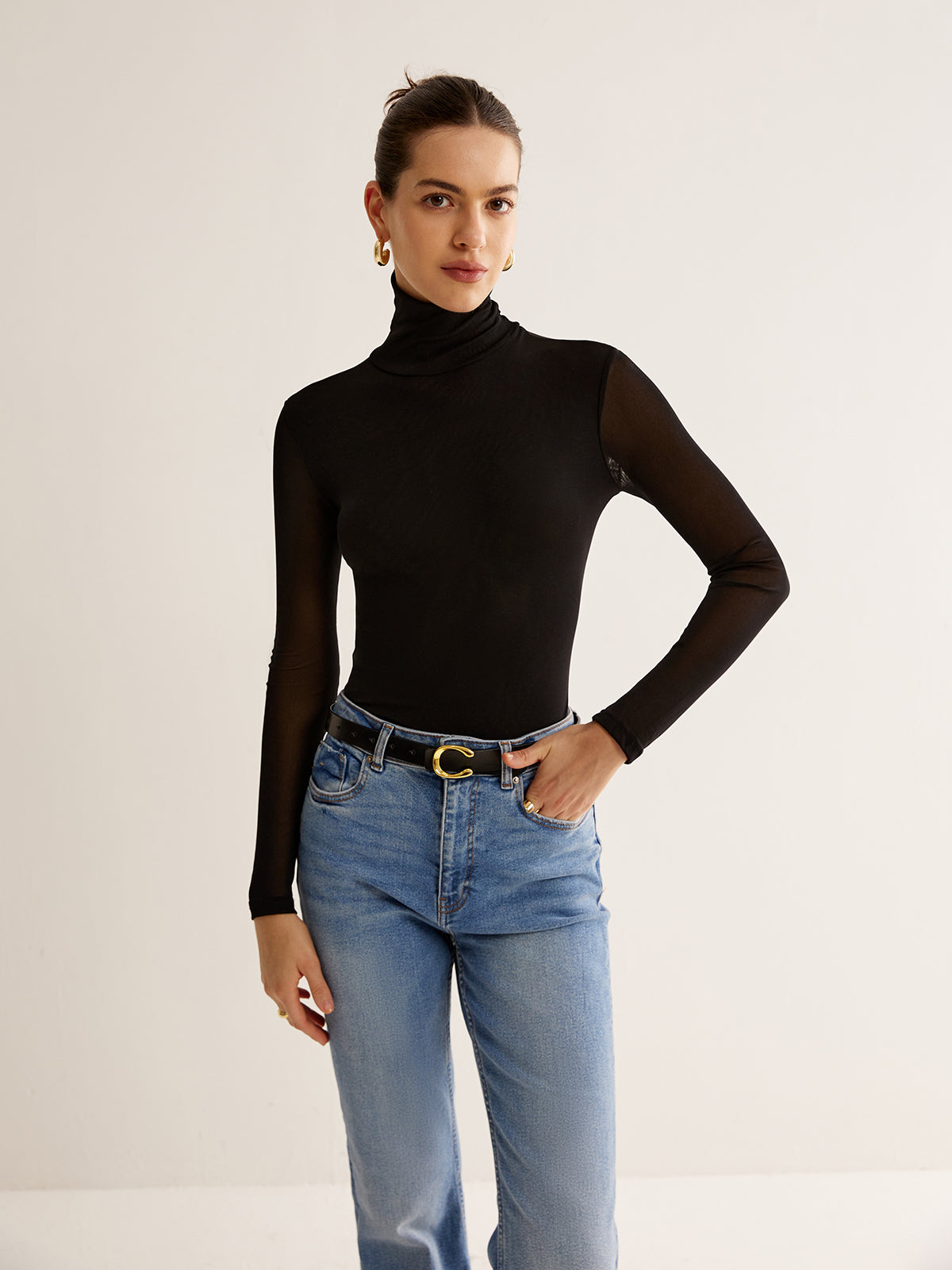 Turtleneck Sheer Sleeve Jersey Top