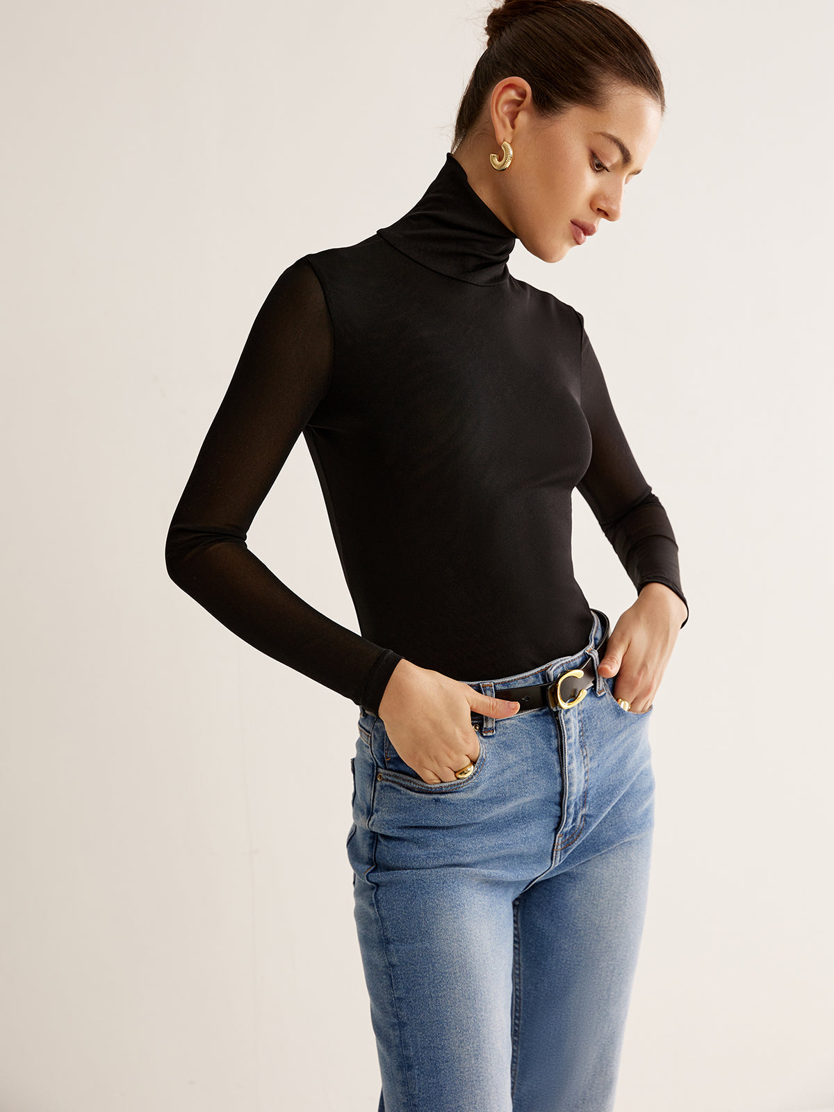 Turtleneck Sheer Sleeve Jersey Top