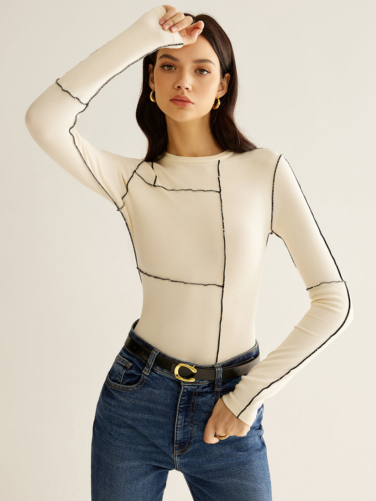 Versatile Contrast Piping Jersey Blouse