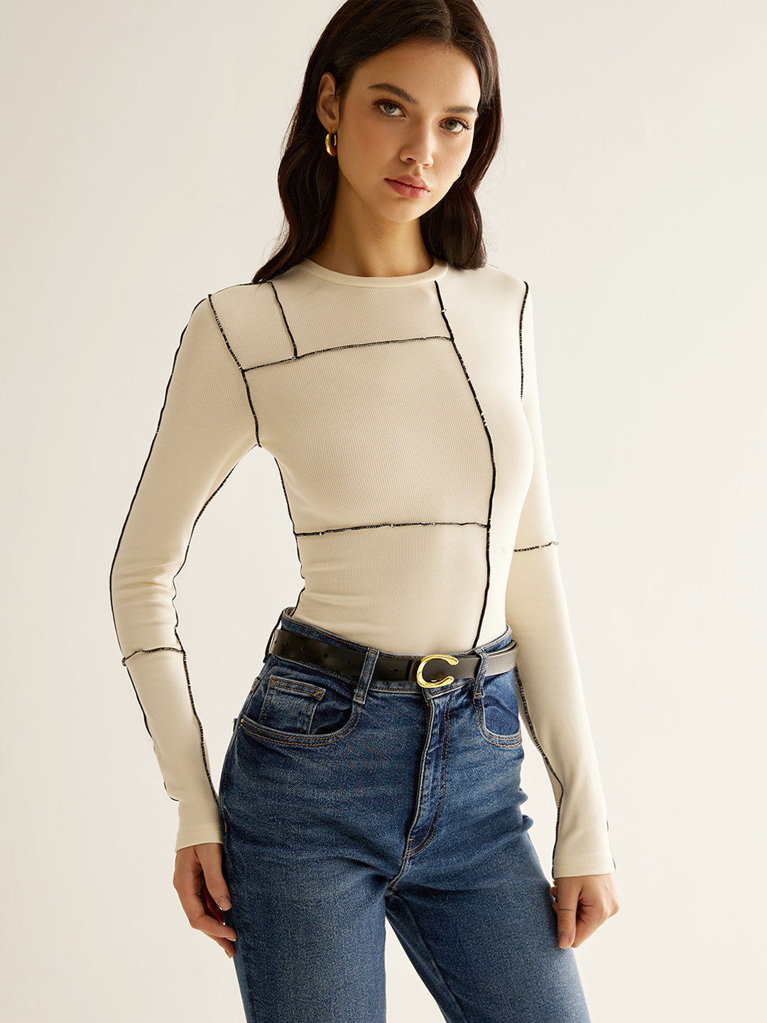 Versatile Contrast Piping Jersey Blouse