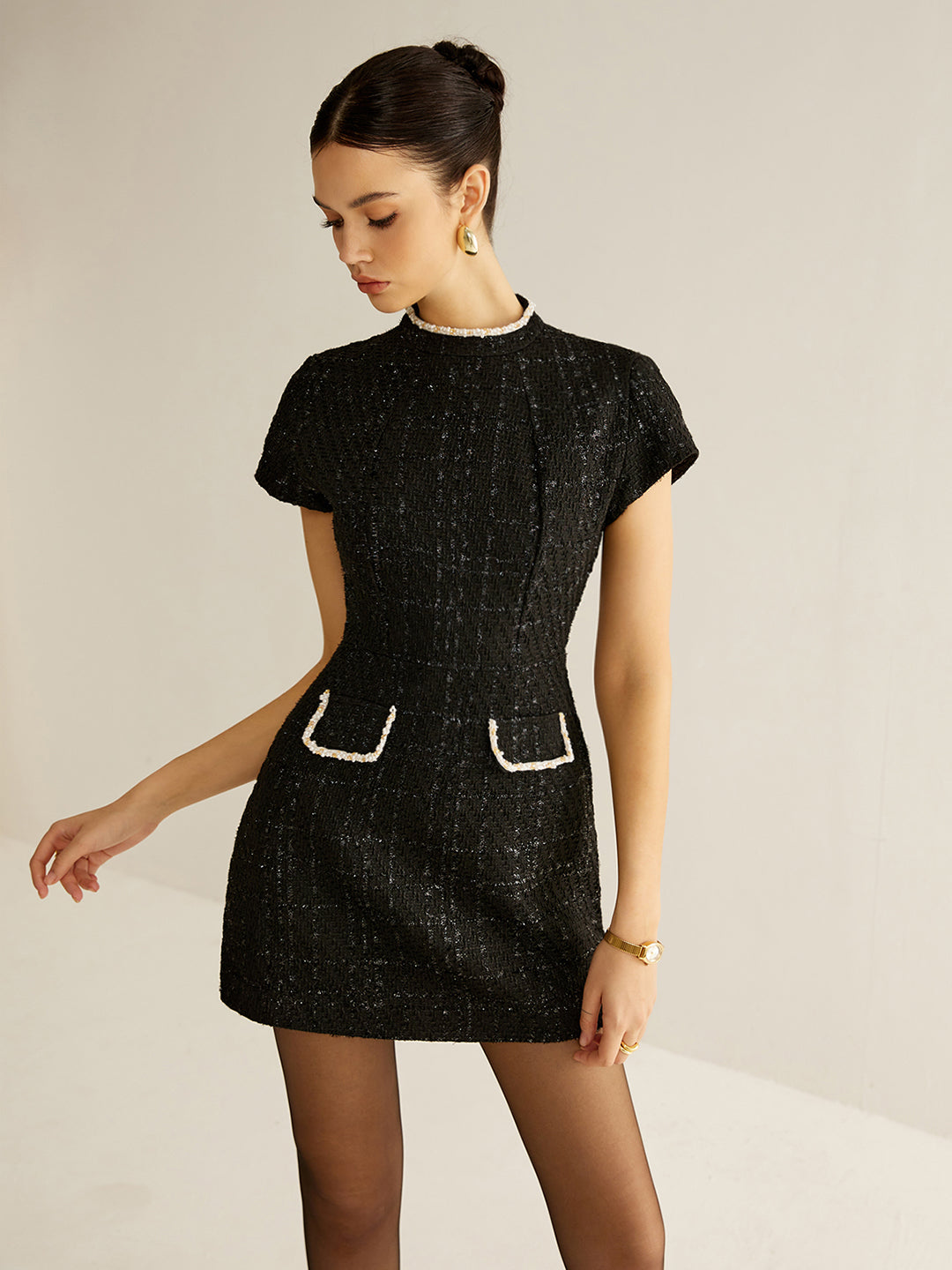 Elegant Short Sleeve Tweed Dress