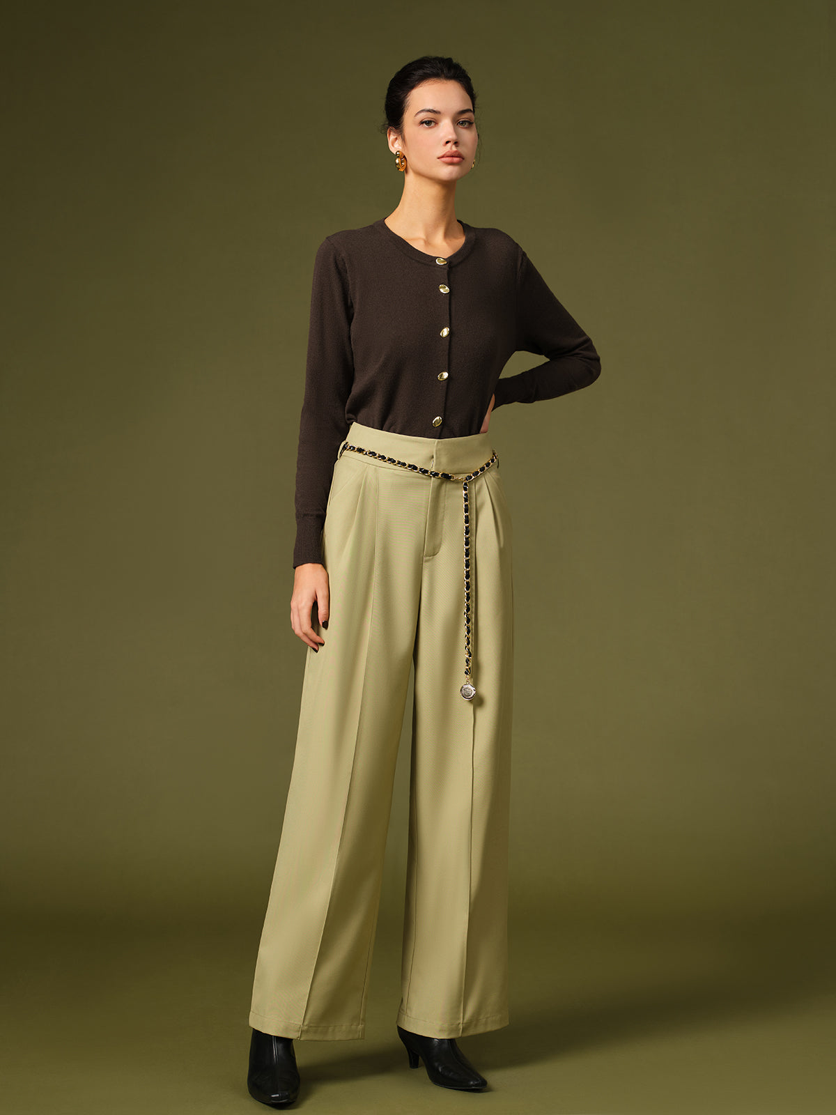 Chain Belted Wide-Leg Pants