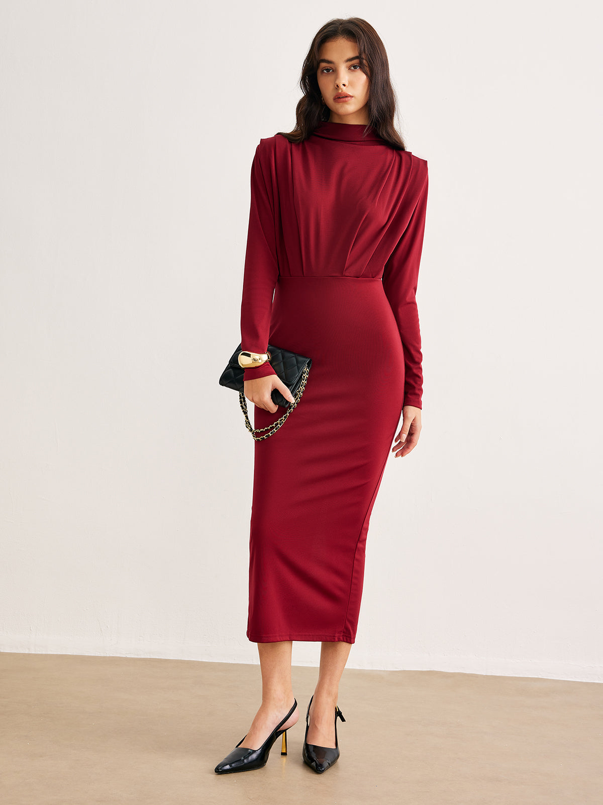 Mock Neck Pleated Jersey Dress