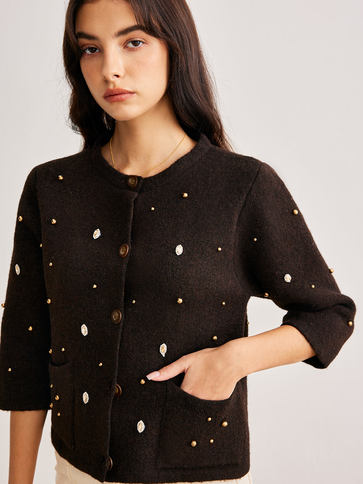 Beaded Button Short Cardigan