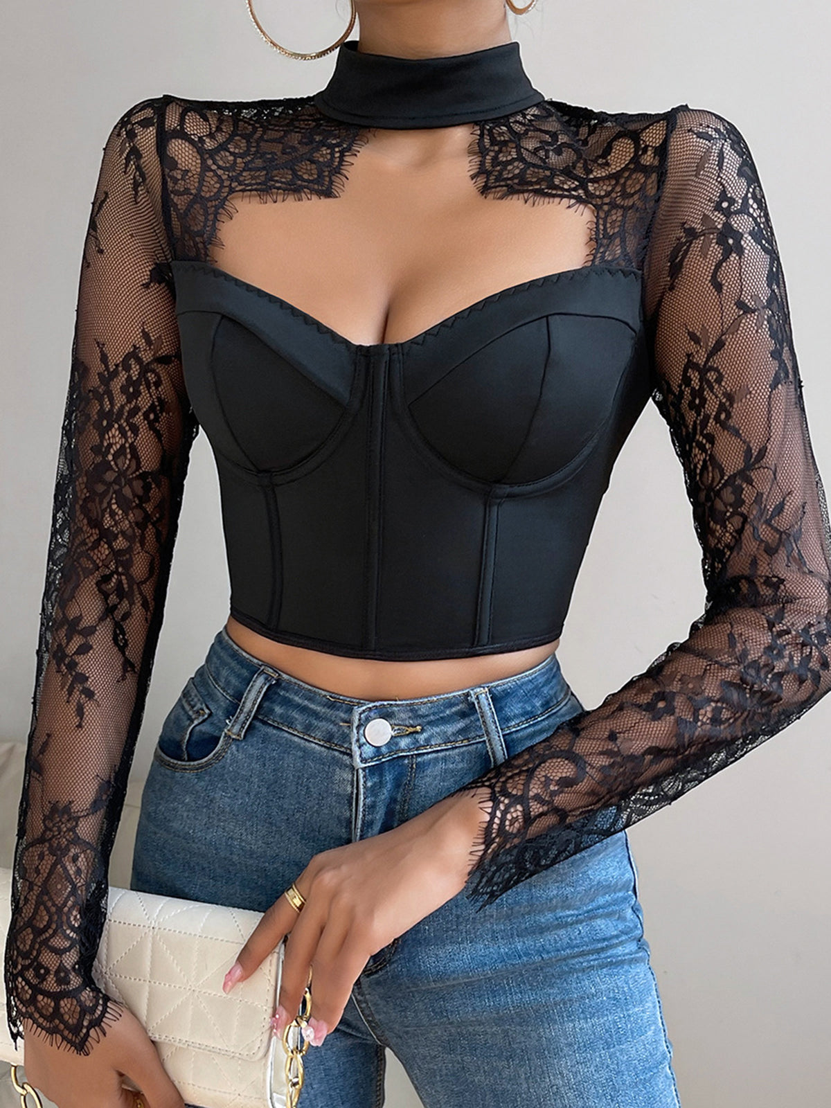 Cutout Lace Panel Corset Blouse