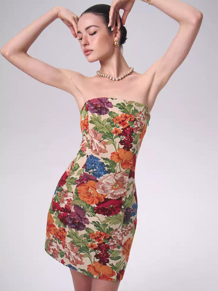 Floral Pattern Drawstring Tube Dress