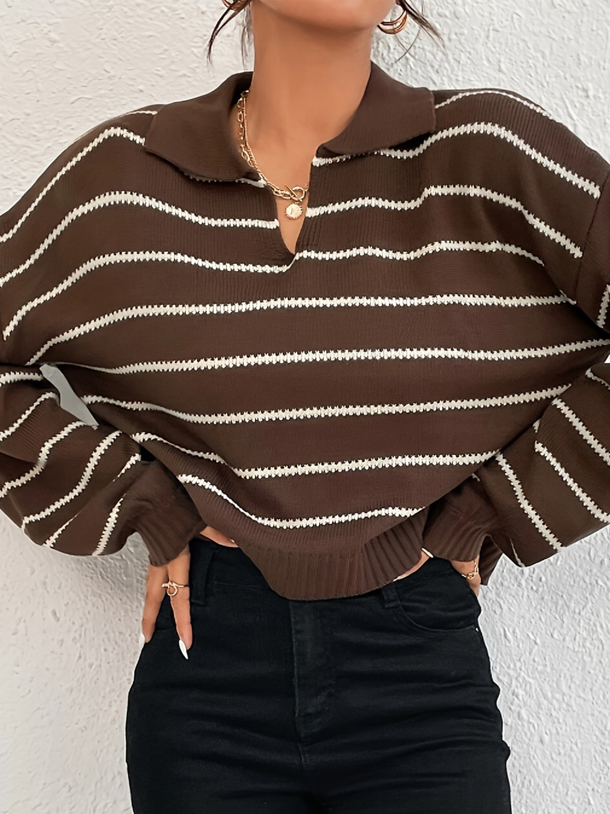 Contrast Striped Lapel Short Sweater