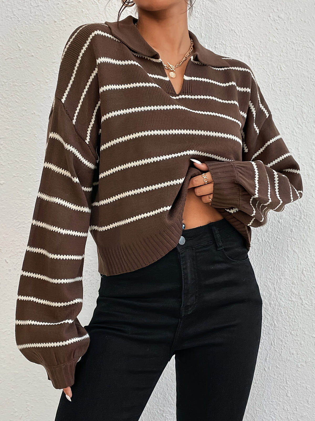 Contrast Striped Lapel Short Sweater