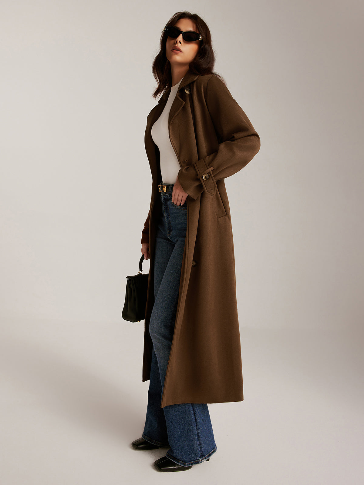 Suede Belted Button Long Trench Coat