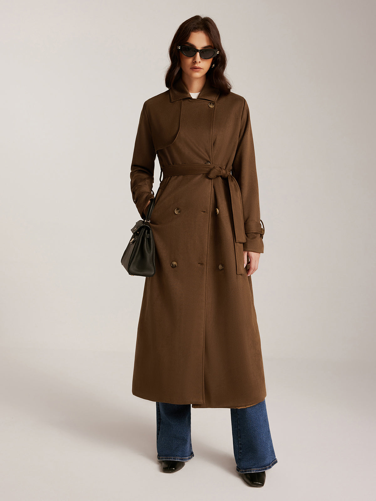 Suede Belted Button Long Trench Coat