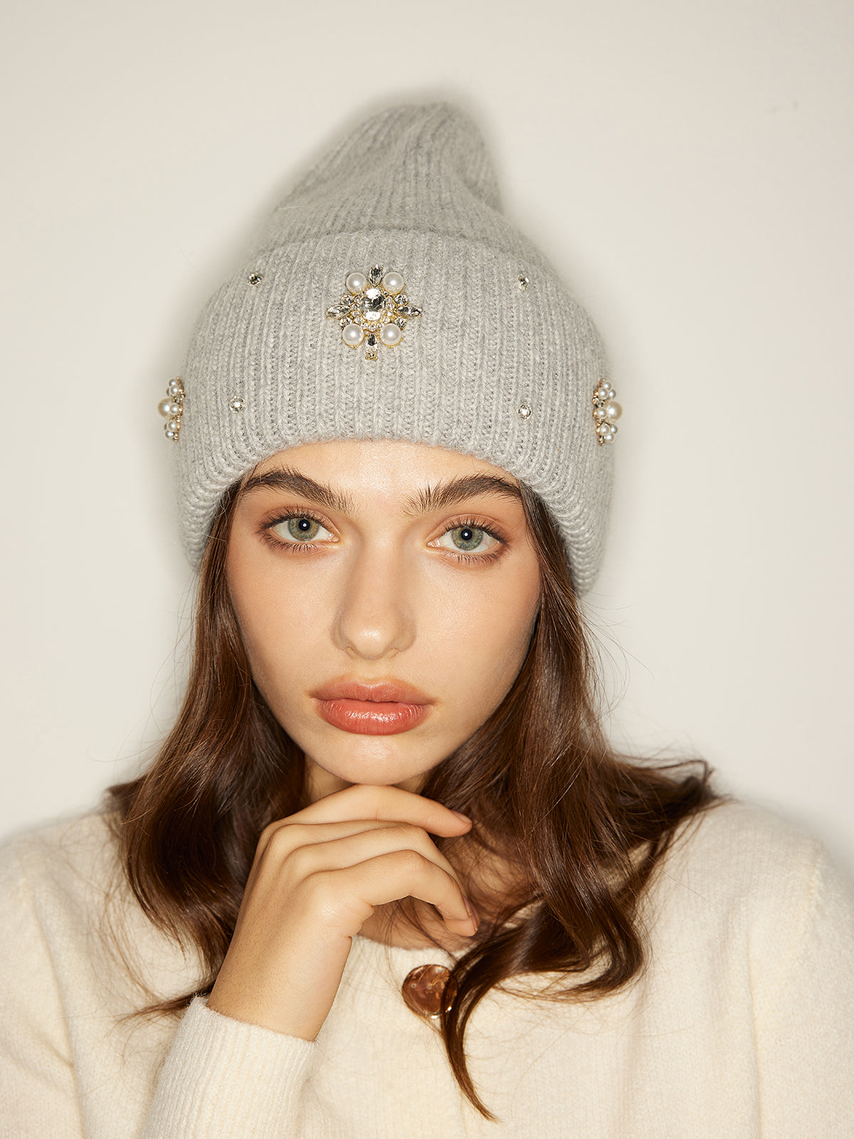 Rhinestone Rabbit Fur Beanie