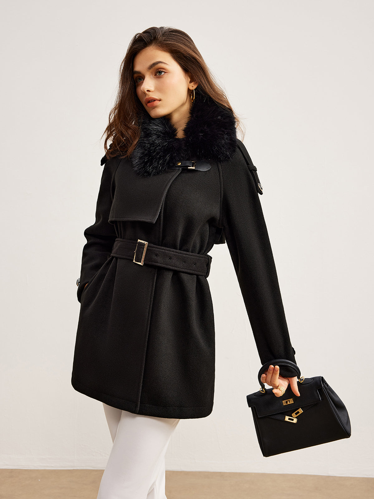 Adjustable Fur-Collar Belted Trench Coat