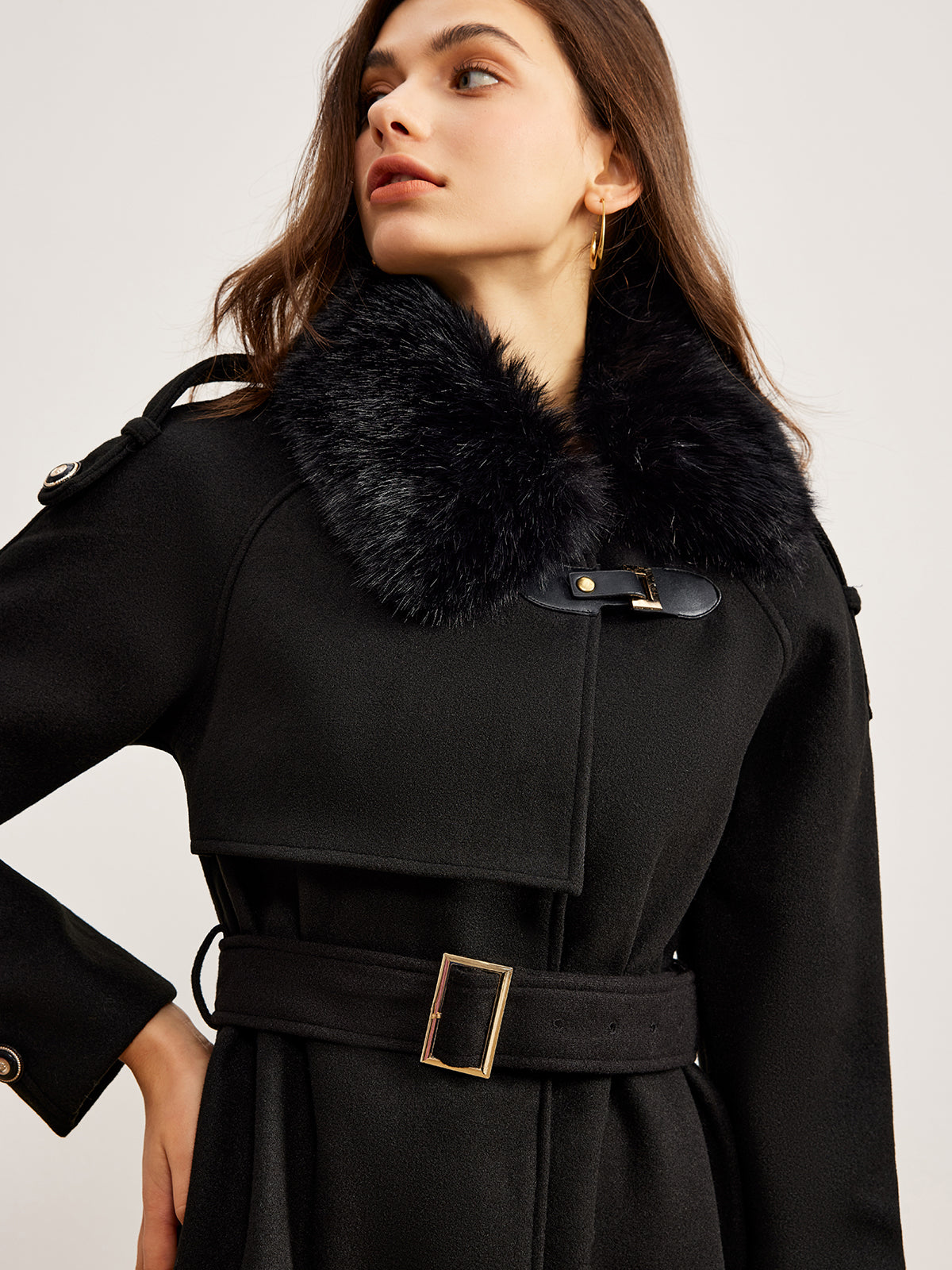 Adjustable Fur-Collar Belted Trench Coat