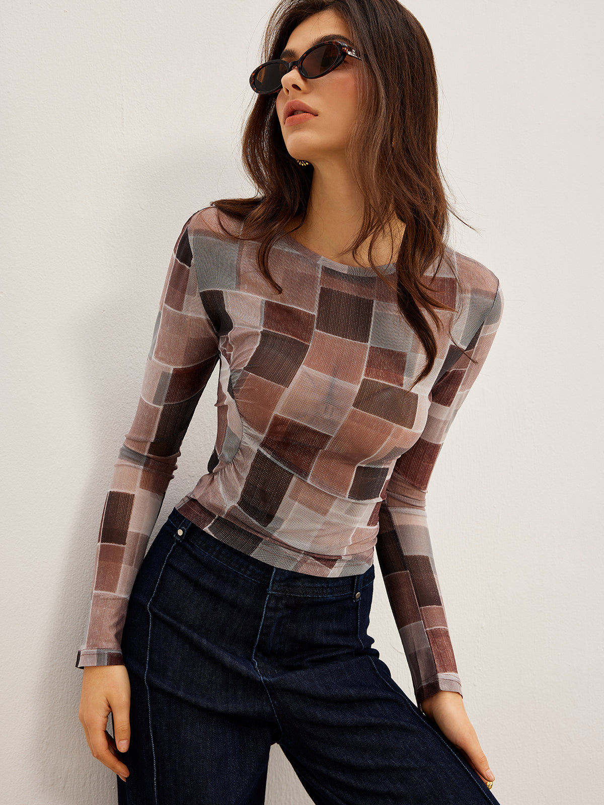 Mesh Plaid Slim Blouse