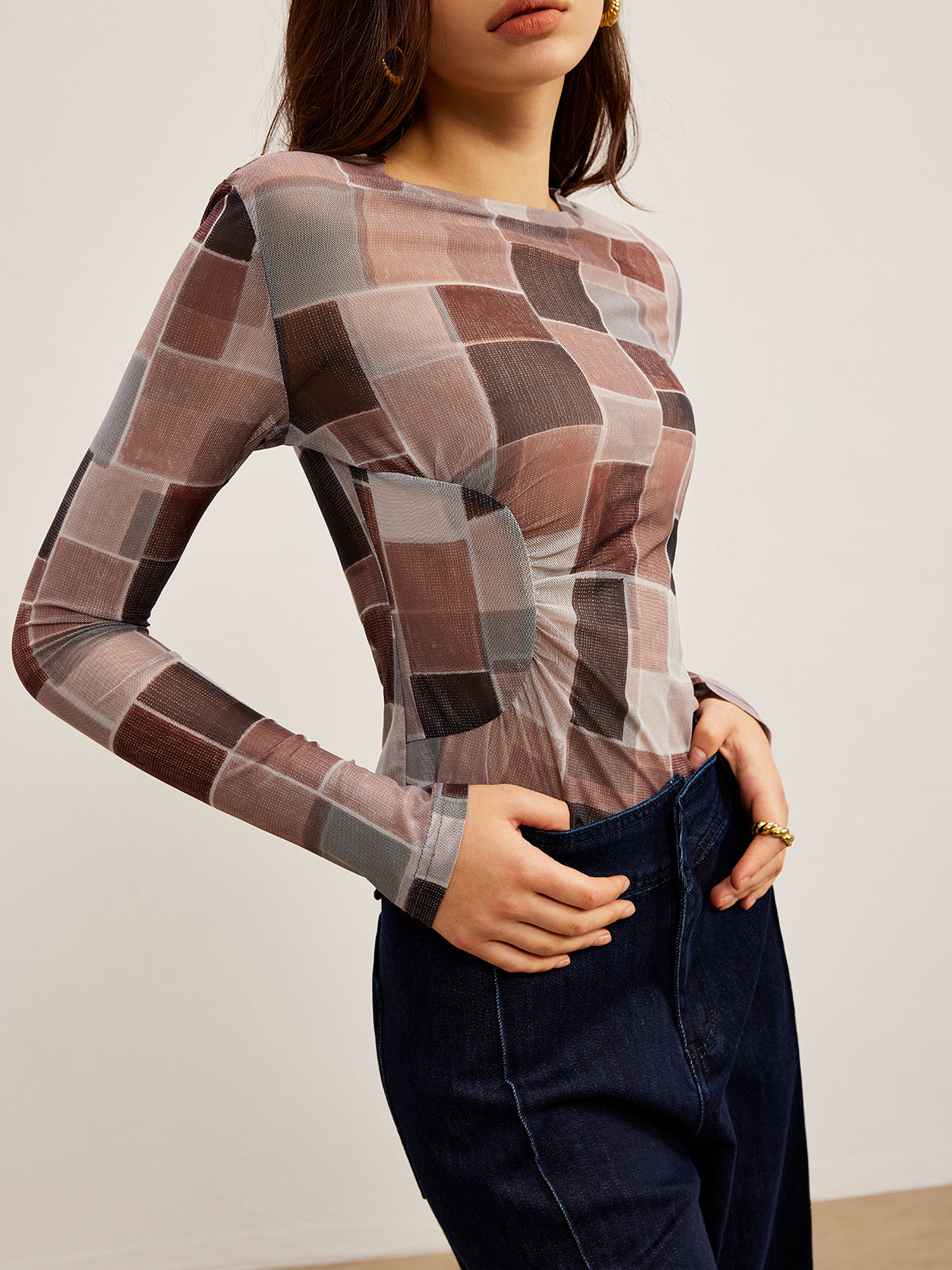 Mesh Plaid Slim Blouse