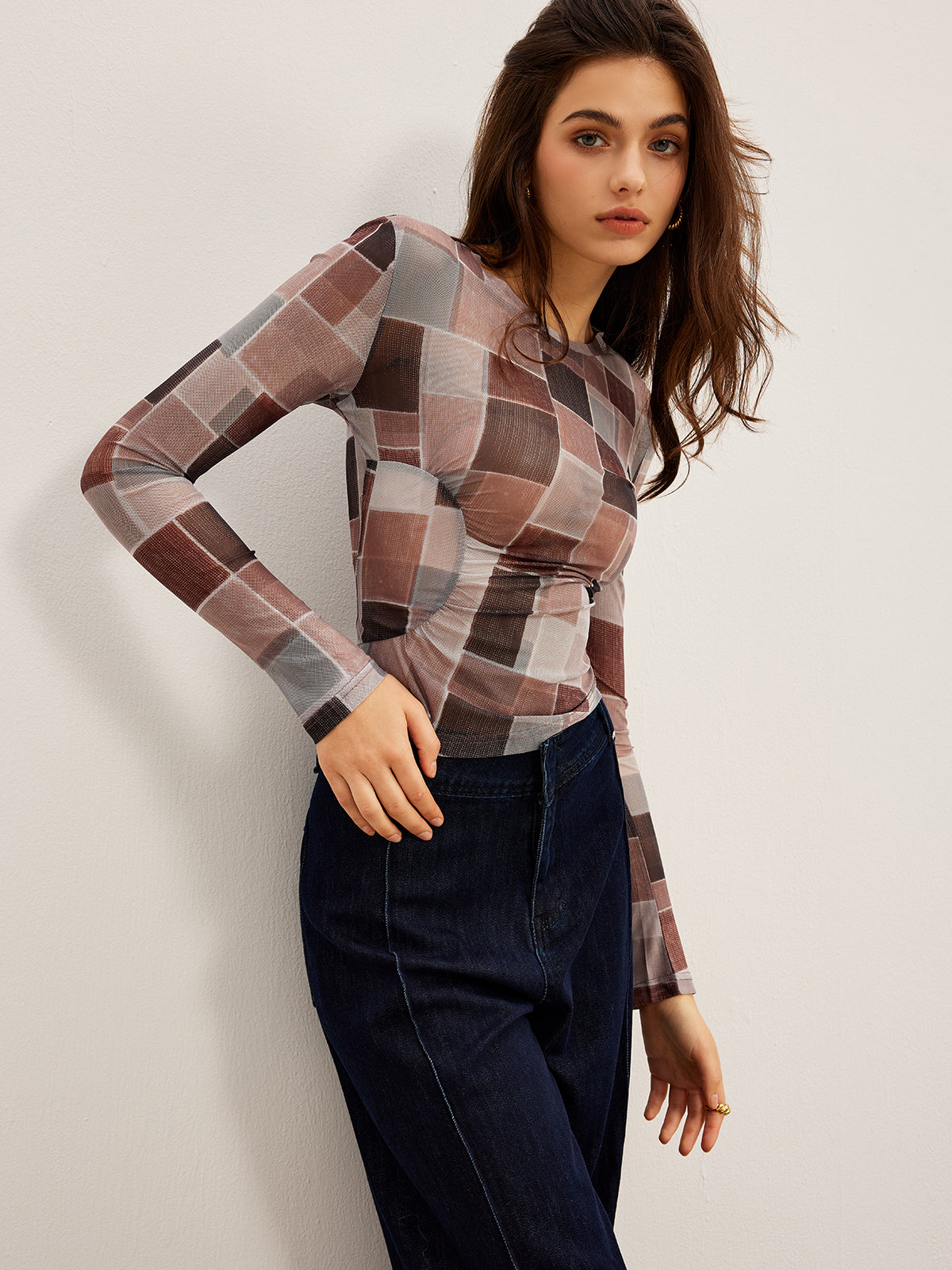 Mesh Plaid Slim Blouse