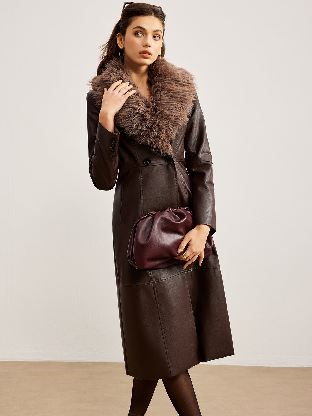 Detachable Fuzzy Collar Faux Leather Long Jacket