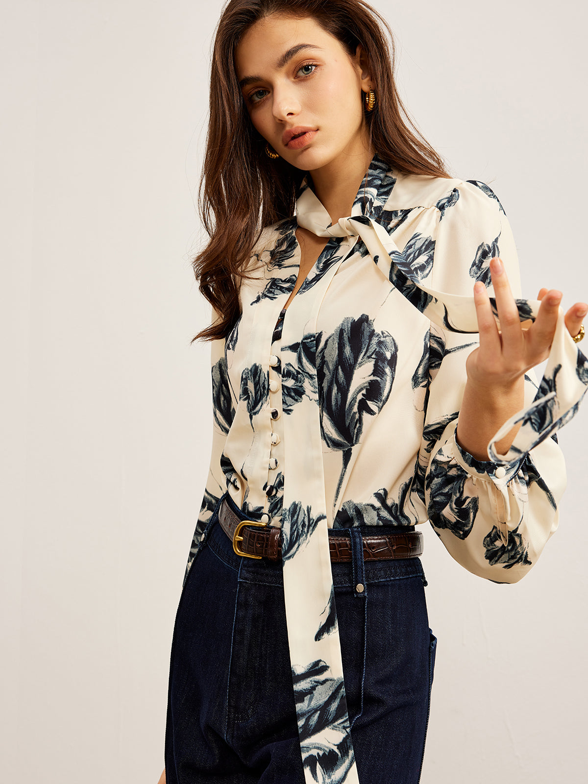 Boheme Printed Tie Neck Satin Blouse