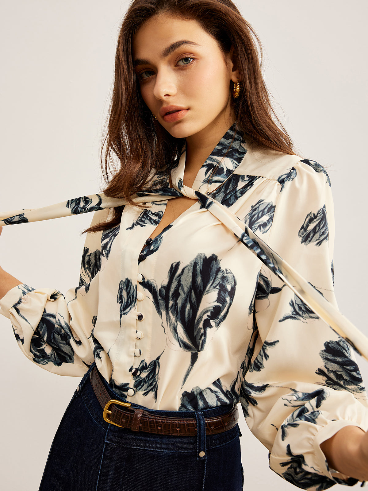 Boheme Printed Tie Neck Satin Blouse