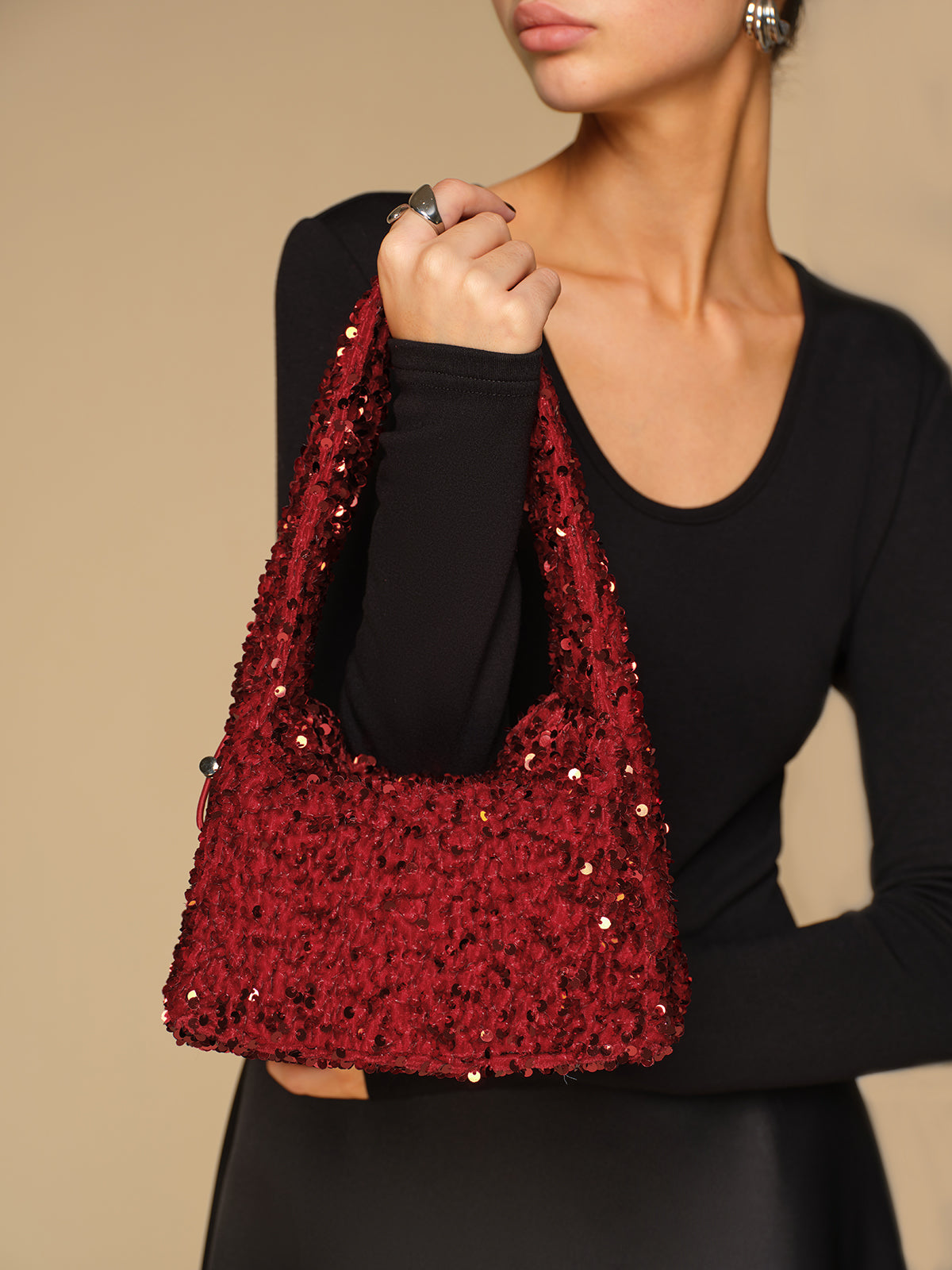 Sequins Drawstring Velvet Armpit Bag