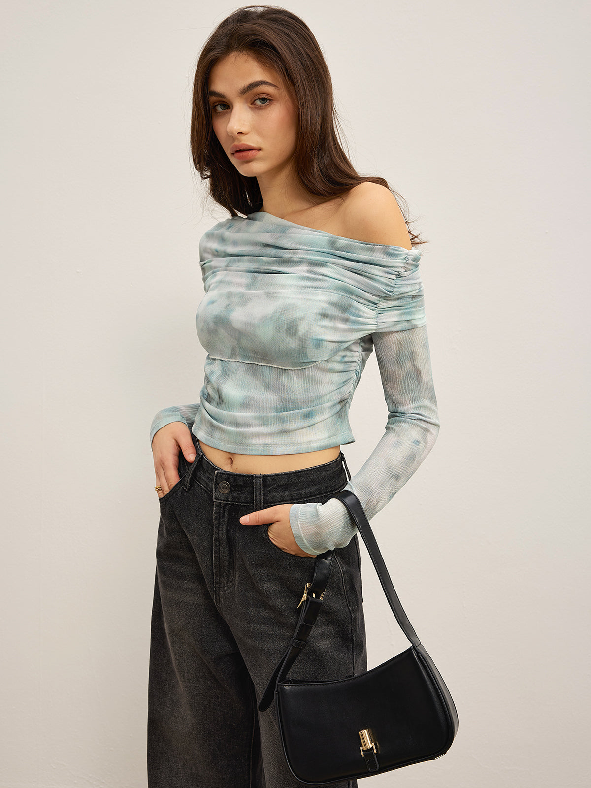 Tye Dye Printed Ruched Mesh Blouse