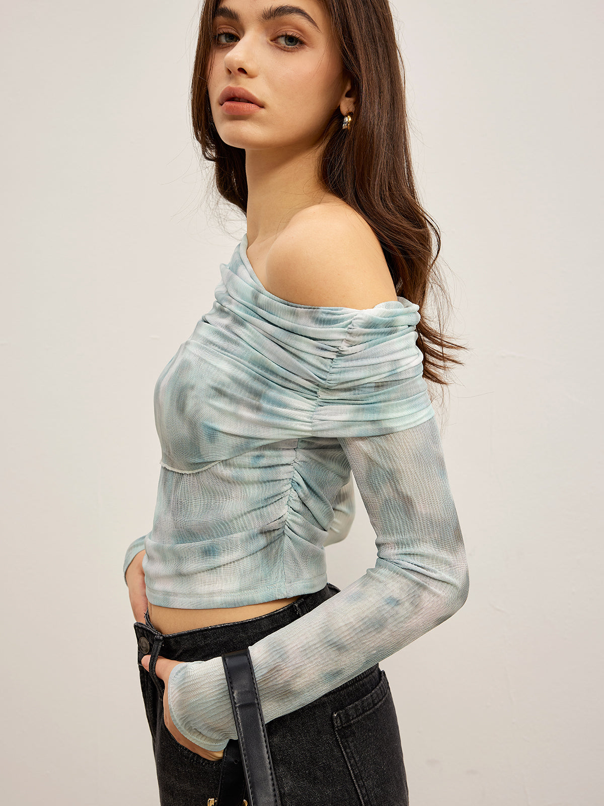 Tye Dye Printed Ruched Mesh Blouse