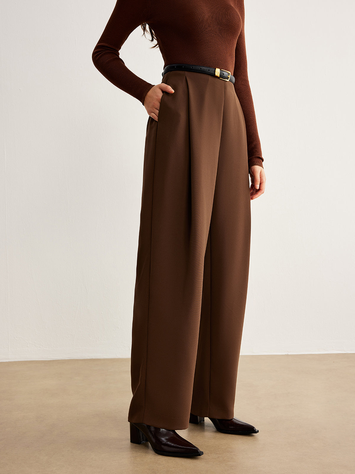 Plain Pleated Pockets Pants Without Belt