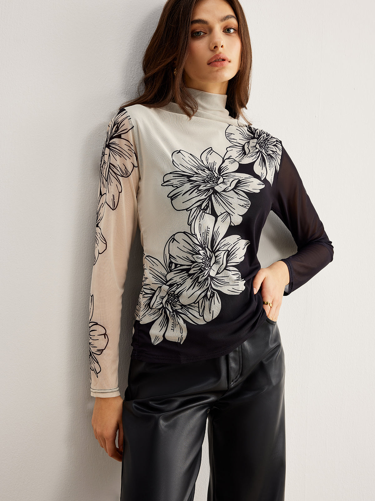 Color Block Floral Mesh Top