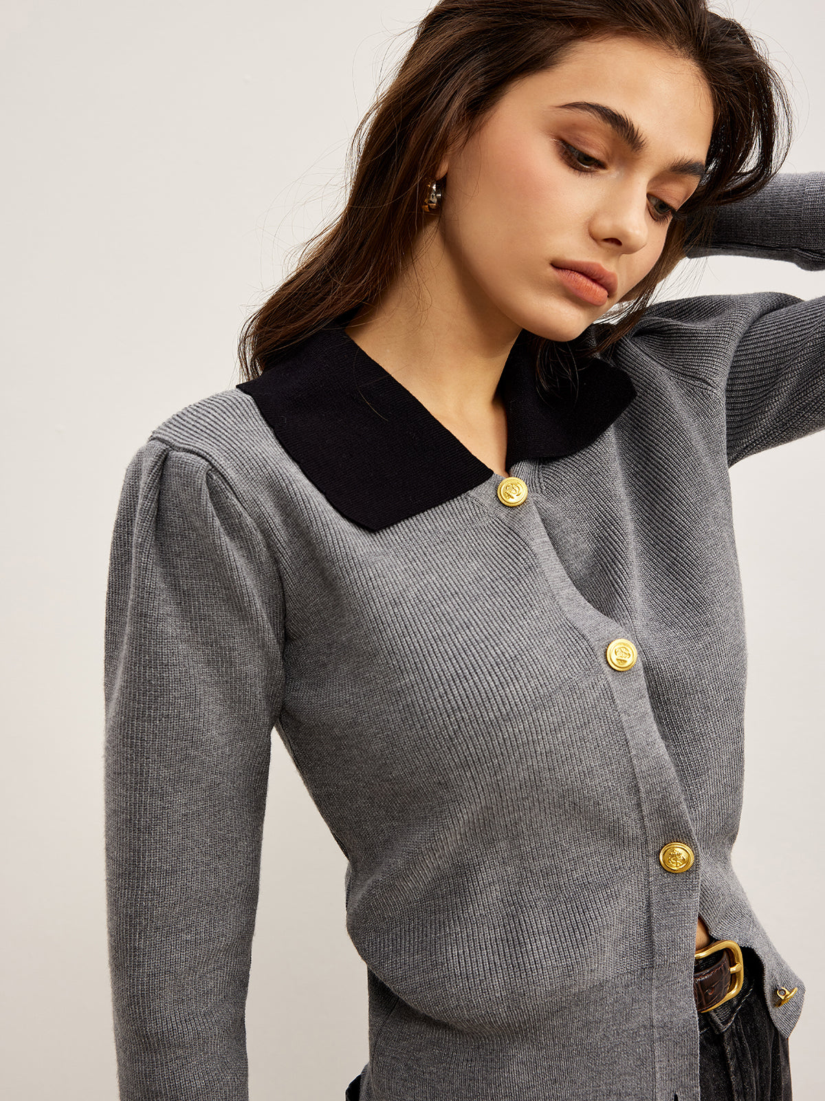 Contrast Collar Slim Button Cardigan