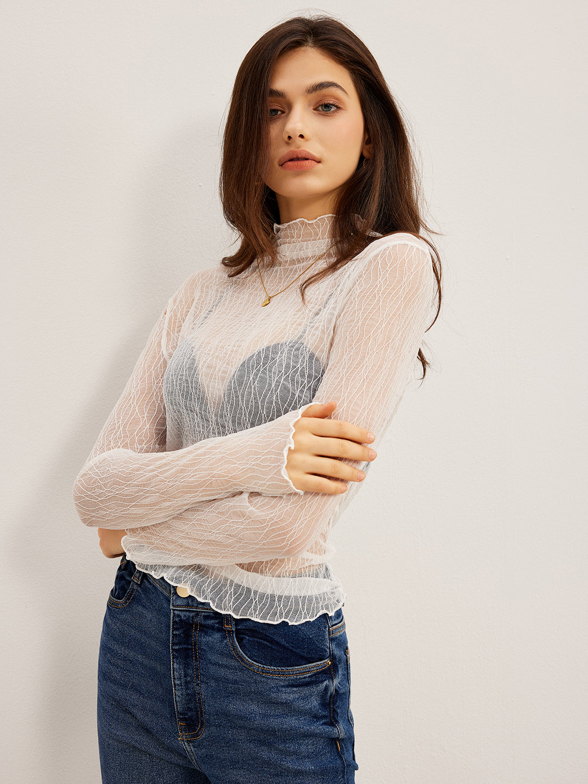 Lettuce Trim Textured Sheer T-Shirt