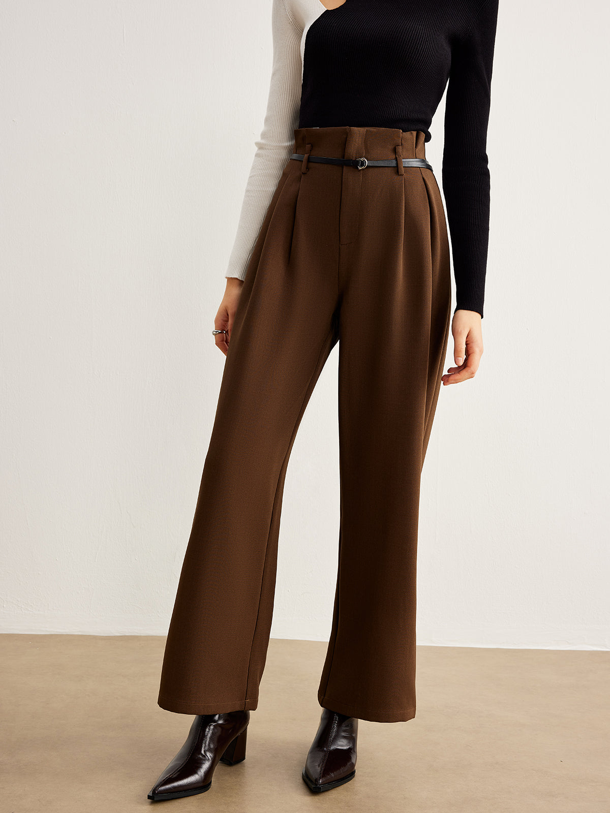 Slim-Belt Pleated Pants