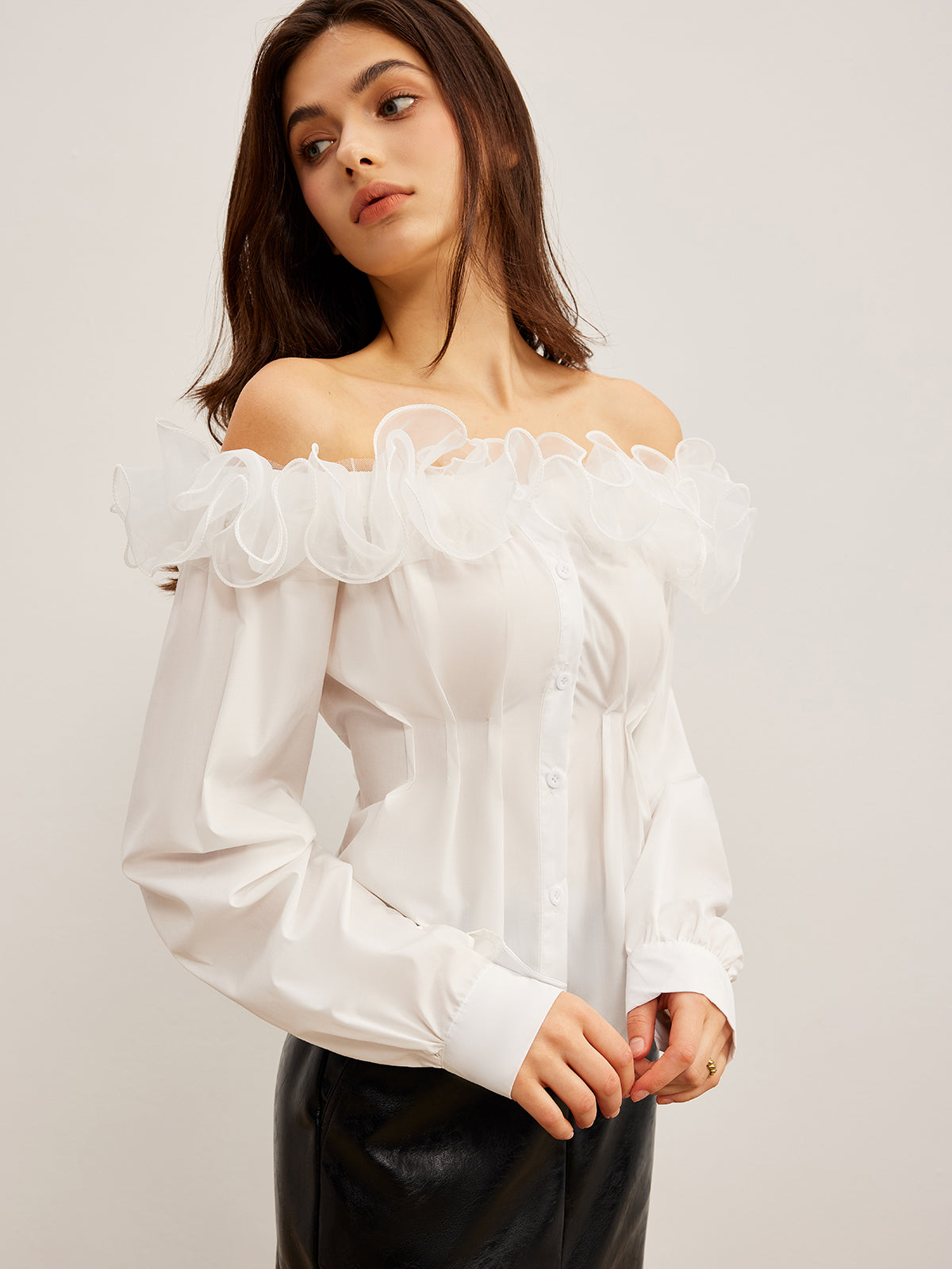 Off-Shoulder Ruffle Cinched Shirt